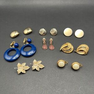 Vintage Clip On Earring Lot Gold Tone Blue Resin Crown Trifari Monet & Others